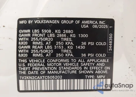 2026 Volkswagen Atlas Se With Technology из США, поврежденный, VIN 1V2KN2CAXTC505202